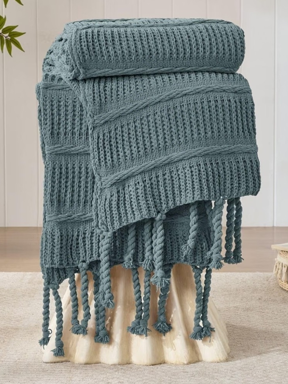 Textured Knit Throw Blanket with Twisted Fringe - Dusty Teal 50x60